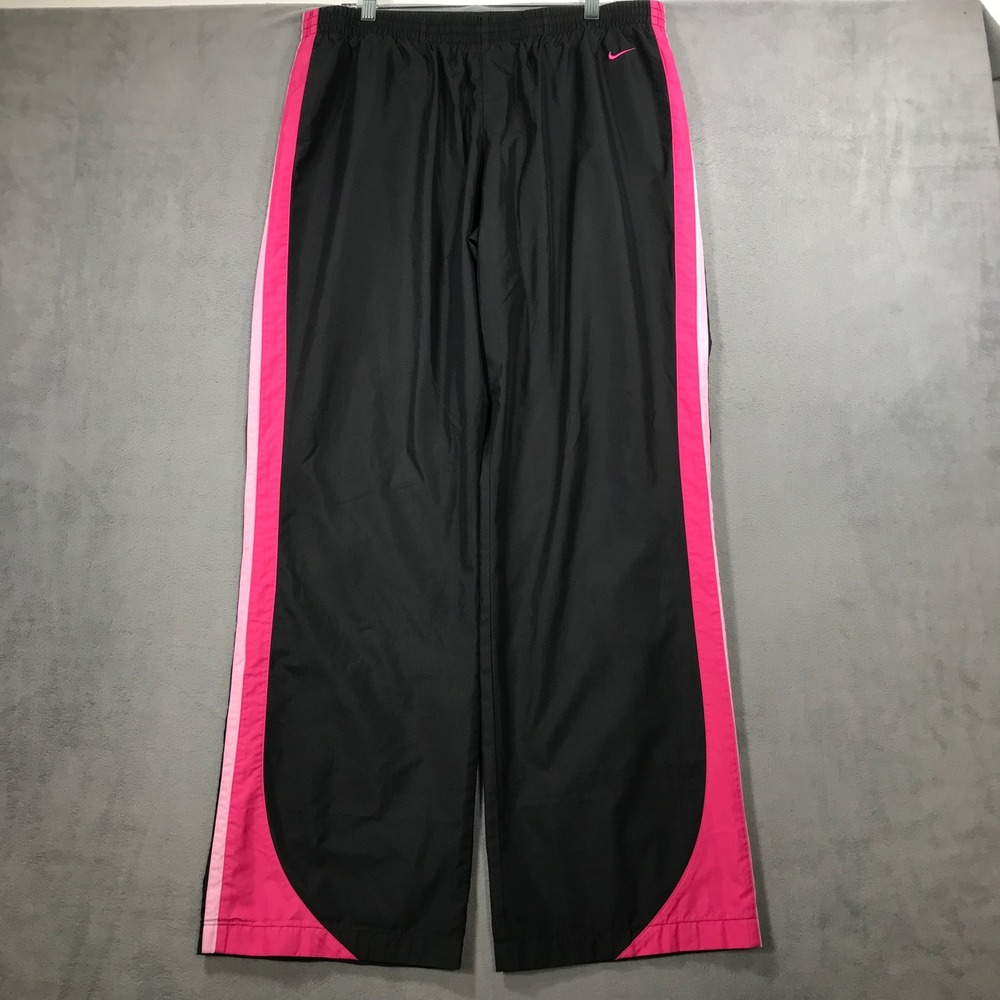 Vintage Y2K Nike Track Pants Womens XL Black Pink Stripe Lined Wide Leg Athletic